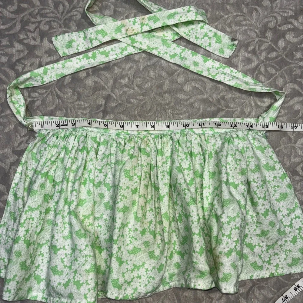 Vintage Green White Floral Calico Half Apron Cottagecore Retro Gathered Waist‎